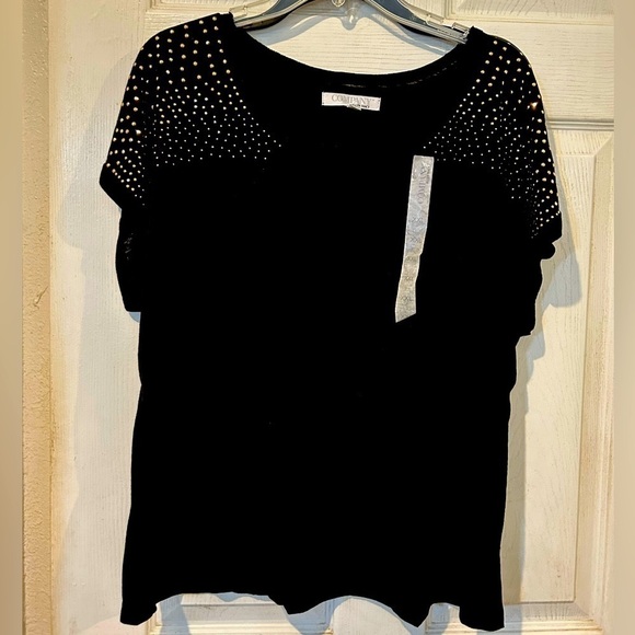 NWOT Ellen Tracy Black Knit Top With Goldtone Stud Design - Picture 1 of 7